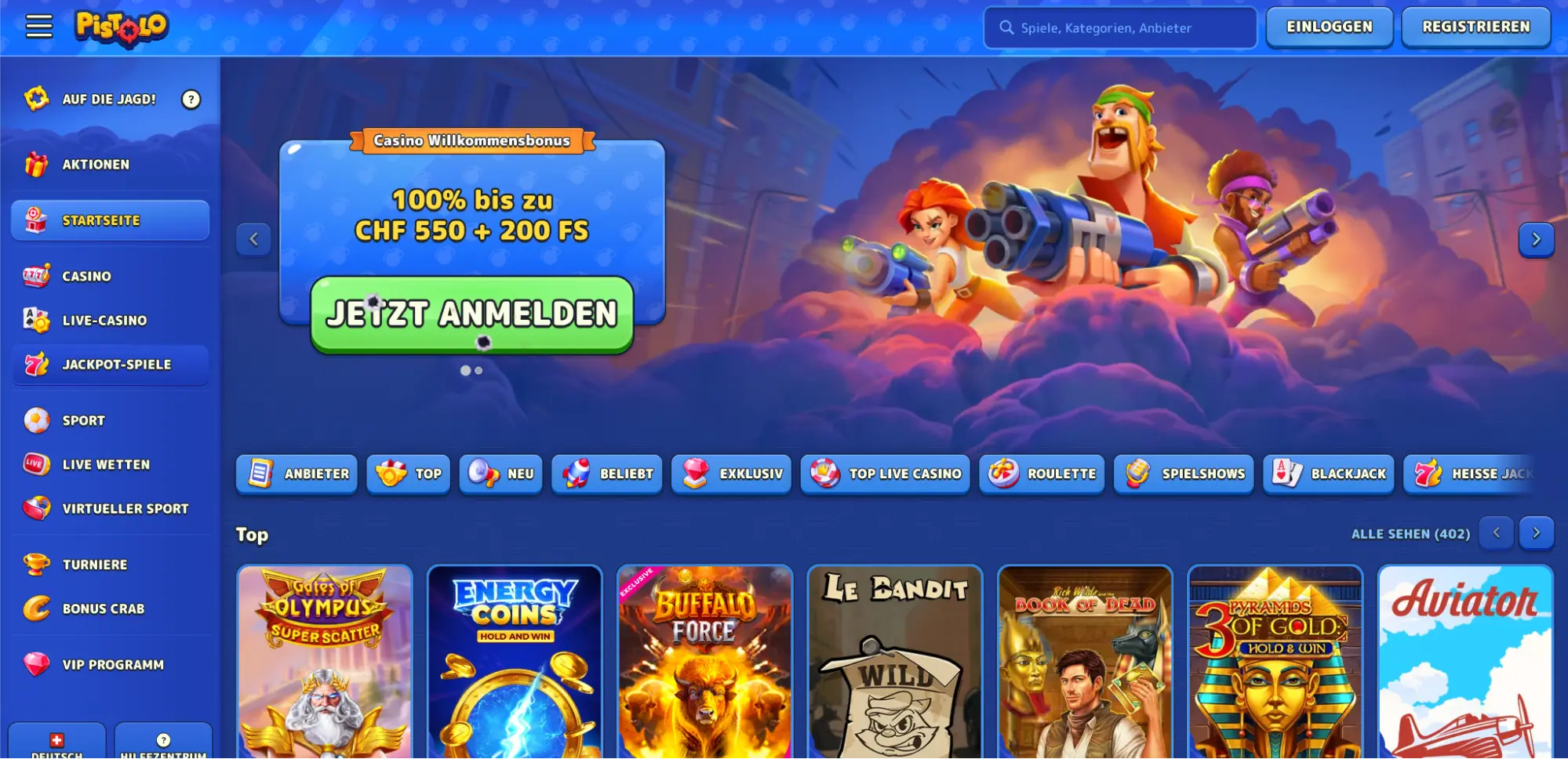 Pistolo Casino Startseite mit Spielen